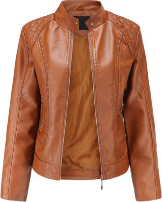 Dissa Womens Brown Faux Leather Biker Jacket Short PU Moto Biker Outwear Fitted Zipper Jacket Stand Collar Spring and Autumn Coat,12,PB536