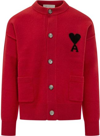 Ami Red Logo Crew Neck Cardigan