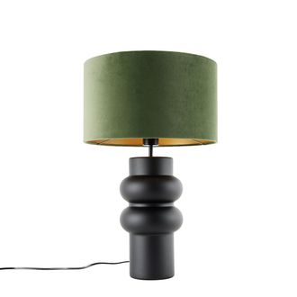 QAZQA Qazqa Dise&ntilde;o L&aacute;mpara De Mesa De Dise&ntilde;o Con Pantalla De Terciopelo Negro Verde Con Dorado 35 Cm - Alisia Cer&aacute;mica /terciopelo Redonda Adecuado Para Led