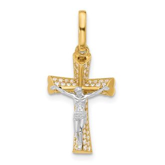 Diamond2Deal 14k Two-tone Gold Polished Cubic Zirconia Crucifix with Heart Ends Pendant