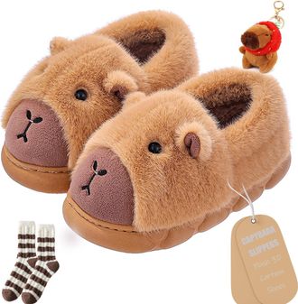 Generic Capybara Slippers, Capybara Slippers for Men Women, Plush Cartoon Shoes Warm Non-slip Soft and Comfortable (Khaki-B, One Size, Adult, Women, 7, Numeri