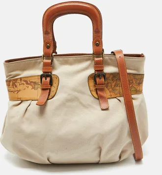 Alviero Martini 1A Classe Beige/brown Geo Print Coated Canvas Canvas And Leather Satchel