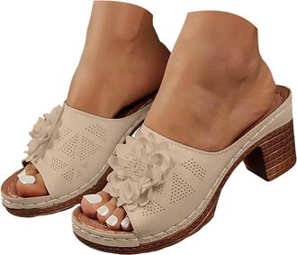 Generic Women Platforms Sandals Open Toe Leather Summer Slides Chunky Heels Solid Color Slip Lady Vintage Non Slip Breathable Walking Outdoor Casual Shoes (Kh