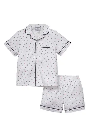 Petite Plume Kids Anchors Away Woven Cotton Blend Short Pajamas in White at Nordstrom, Size 8Y
