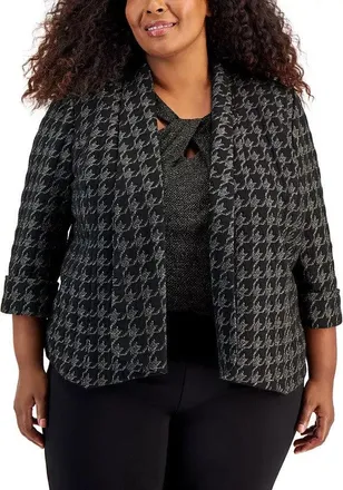 Kasper Blazer Womens 20W Plus Black Houndstooth Open FrontSleeve FTS1276
