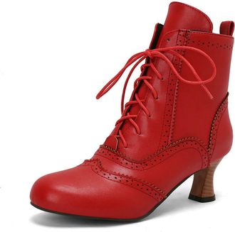 Generic Womens 5.5cm Kitten Heel Brogue Ankle Boots with Lace-Up,Vintage-Style,Red,7.5 UK