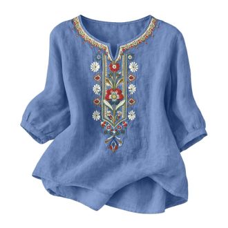 Generic Summer Clothes for Women, Ladies Tops 2026 Embroidered Cotton and Linen Blouse Sleeves Womens Fashion Blouses Baggy Casual T Shirts for Women UK Plus 
