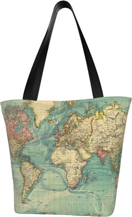 AOOEDM Vintage Style World Map Tote Bag Women Capacity Shoulder Grocery Shopping Bags