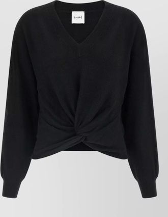 Nude cashmere wool fine-knit v-neck knot sweater