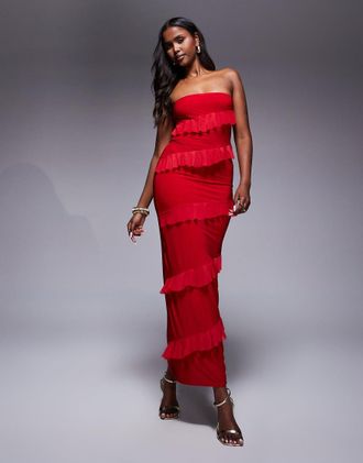 Fashionkilla Vestito lungo a fascia sinuoso strutturato a doppio strato con volant rosso-Arancione