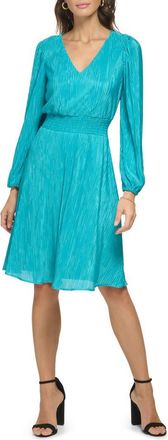 Kensie Pleated V-Neck Long Sleeve A-Line Dress in Lagoon at Nordstrom Rack, Size 10