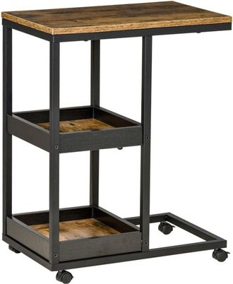 HOMCOM Homcom - Mesita Auxiliar Industrial Mesa Auxiliar En Forma De C Con Ruedas Estantes Abiertos Y Marco De Acero Para Sal&oacute;n Dormitorio 51x33x66 Cm Marr&oacute;n