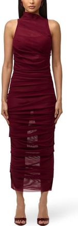Naked Wardrobe Asymmetric Mock Neck Sheer Mesh Midi Dress in Sangria at Nordstrom, Size X-Small