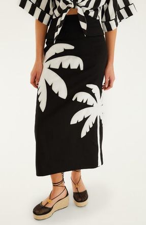 Farm Rio Palm Tree Embroidered Linen Maxi Skirt in Black at Nordstrom, Size Xx-Small