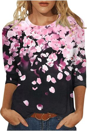 Generic Deals of The Day Casual 3/4 Sleeve Tops for Women UK Summer Fashion Crew Neck Blouse 2025 Funny Marble Striped Floral Print Shirts Dressy Comfy Lightw