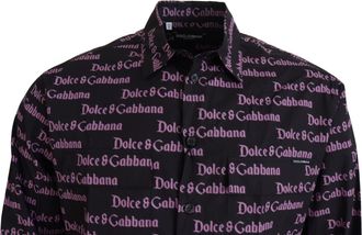 Dolce & Gabbana Mens Black Purple Logo Slim Dress Formal Shirt Cotton