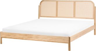 Beliani Cama De Madera Estilo Retro Cabecero Rat&aacute;n Sint&eacute;tico 180 X 200 Cm Somier De Listones Marr&oacute;n Claro Archail