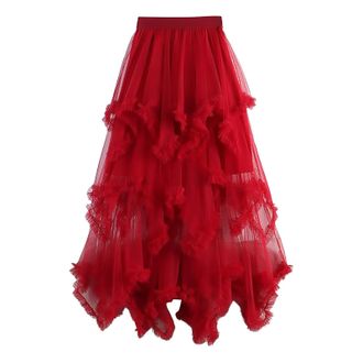 Generic Tulle Skirt for Women Pleated Maxi Midi Length Fairy Dress Spring Ruffle Mesh Casual A-Line Tutu Skirt Long High Waisted Red