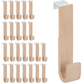 Relaxdays Ganchos Puerta Set 25 Madera Y Hierro, Chaquetas, Toallas, Colgadores Pasillo, 13x2,5x6 Cm, Blanco Y Natural