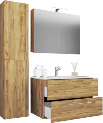 VCM 4 Piezas Lavabo Lavabo Gabinete Inferior Ancho 80 Cm Muebles De Ba&ntilde;o Conjunto Con Cajones Puertas Giratorias Armario De Espejo Badinos (roble De Miel)