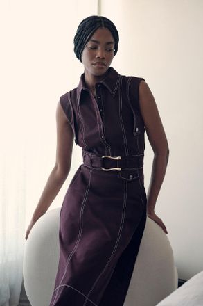 Karen Millen Womens Tailored Top Stitch Detail Belted Midi Dress - Burgundy Cotton - Size 10 UK