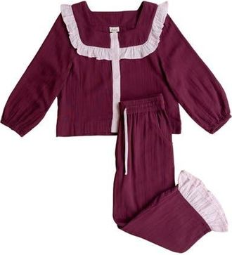 TBCo Cotton Cropped Leg Ruffle Pajamas in Burgundy Ruffle at Nordstrom, Size X-Large