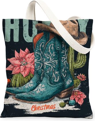 Generic Christmas Cowboy Boots Canvas Tote Bags, Floral Design Reusable Grocery Bags, Rustic Vintage Lightweight Washable Shoulder, Blue, 13x15 Inch