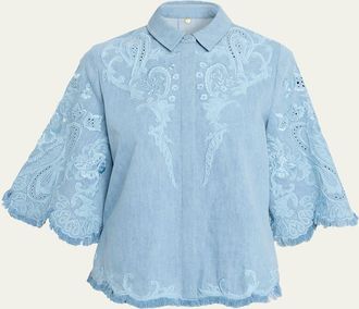 Kobi Halperin Hadley Floral Embroidered Denim Blouse
