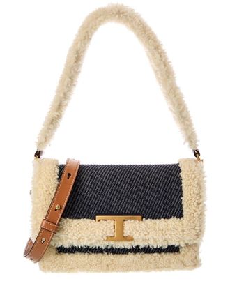 Tod's Tods T Timeless Denim & Shearling Shoulder Bag
