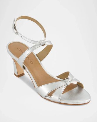 Bernardo Neera Sandal Silver Metallic Leather Knotted Spool Heel JZZ1152