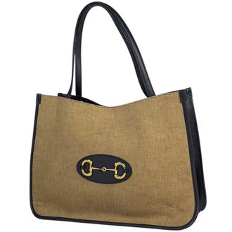 Gucci Beige Navy Canvas Leather Shoulder Bag Tote Bag (Pre-Owned)