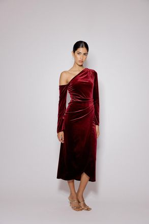 Nobody's Child Red Velvet Asymmetric Virgo Midi Dress