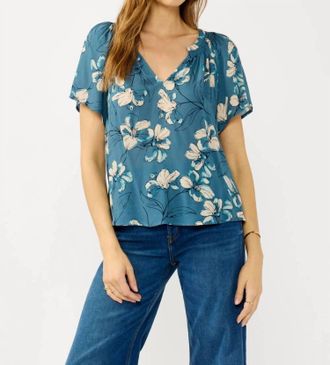Lovestitch Finley Floral Shirred Split Neck Top In Teal Blue