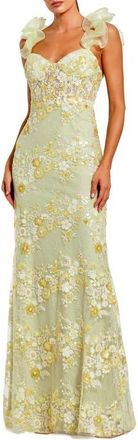 Mac Duggal Embroidered Lace Floral Gown with Ruffle Straps in Sage Multi at Nordstrom, Size 10