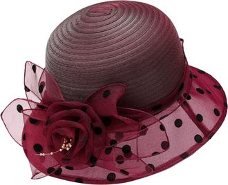 Generic Womens Organza Hat Dress Ladies Church Wedding Retro Wide Brim Cap Cocktail Feather Veil Sun Formal Royal Vintage Felt Cloche Hat Holiday Red One Size