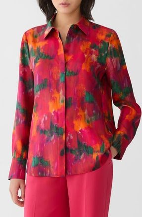 Lafayette 148 New York Blossom Print Silk Button-Up Shirt in Pink Peony Multi at Nordstrom, Size Medium