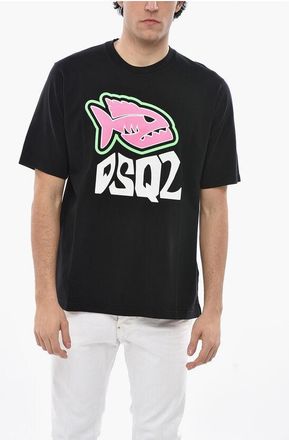 Dsquared2 Crew Neck SHARK Cotton T-Shirt with Front Print size S