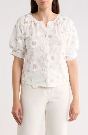 Elie Tahari 3D Floral Appliqu&eacute; Button-Up Top in White/Golden Embroidery at Nordstrom Rack, Size X-Small