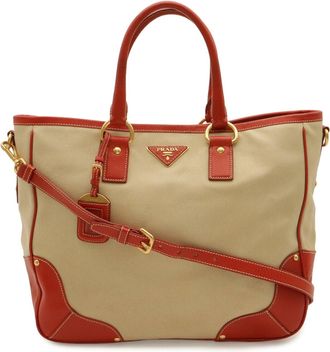 Prada Beige Red Color Canvas Leather Shoulder Bag Tote Bag (Pre-Owned)