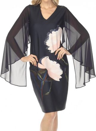 Joseph Ribkoff Chiffon Cape Sleeves Floral Midi Dress In Midnight Blue Multi