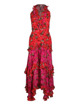 Saloni Jolie ruffled floral midi dress - women - Rayon - One Size - Red