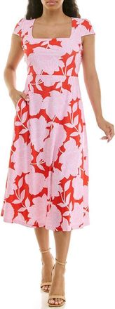 Nina Leonard Floral Cap Sleeve Fit & Flare Dress in Orange/Ivory/Pink at Nordstrom Rack, Size X-Large