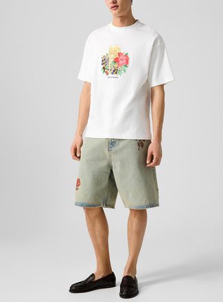 Dr&ocirc;le de Monsieur Mens Embroidered flowers faded jean Bermuda short