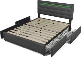 STILVORA Cama Con Cajones Doble 140 X 200 Cm De Lino, Led Regulable Y 4 Cajones, Colch&oacute;n Incluido, Gris