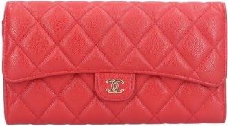 Chanel Red Color Grained Calfskin Long Wallet (Bi-Fold) (Pre-Owned)