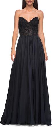 La Femme Chiffon Gown with High Slit and Strapless Lace Top in Black at Nordstrom, Size 00