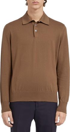 Ermenegildo Zegna Long Sleeve Cotton & Cashmere Polo in Brown at Nordstrom, Size 50