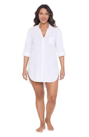Trimshaper Button-Down High-Low Beach Shirt Coverup in White at Nordstrom, Size X-Large
