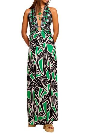 Ramy Brook Rayna Geo Print Halter Dress in Bright Palm Combo at Nordstrom, Size Xx-Large