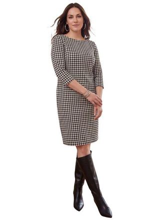 Jessica London Stretch Cotton Boatneck Shift Dress in White Houndstooth at Nordstrom, Size 20